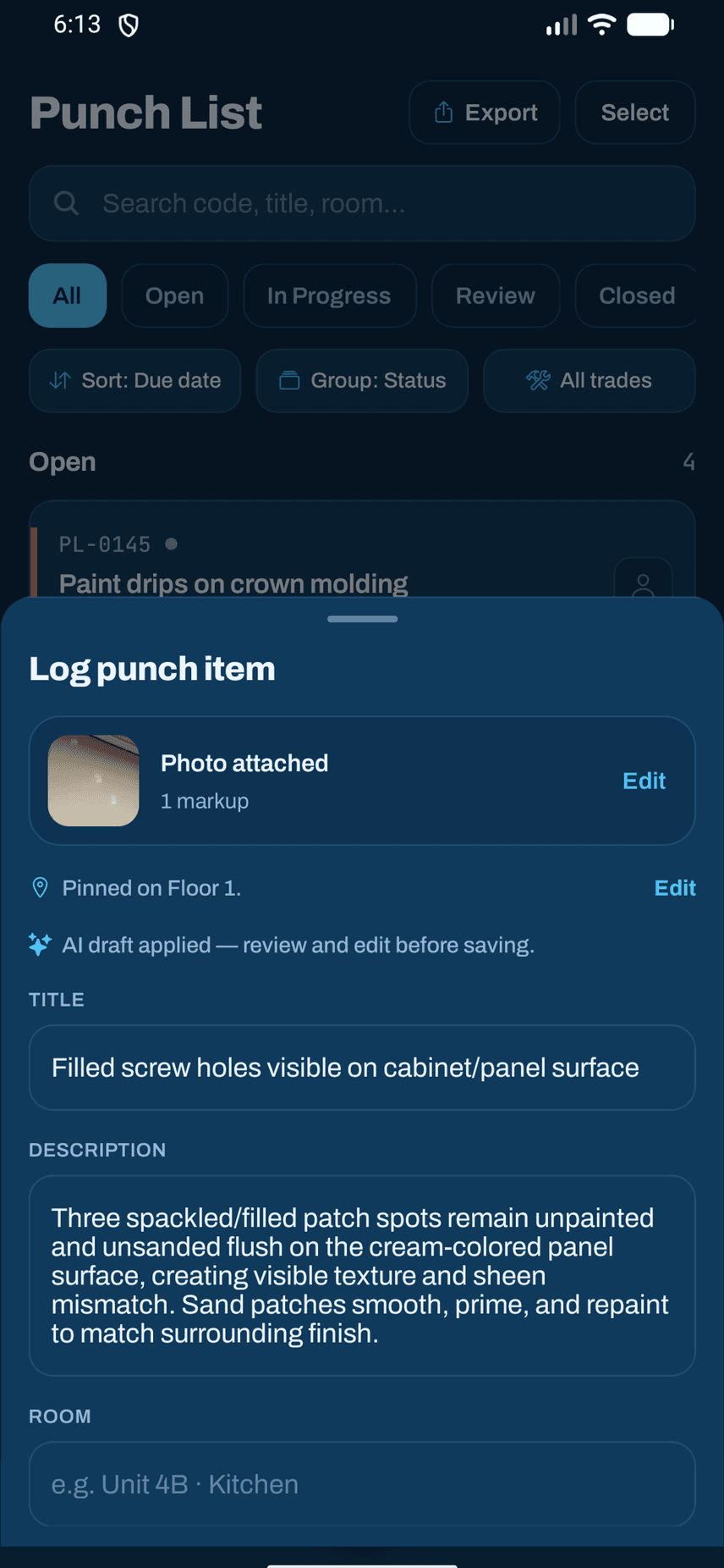 Log punch item sheet: a photo attached with one markup, pinned on Floor 1, and an AI-drafted title and description ready to edit